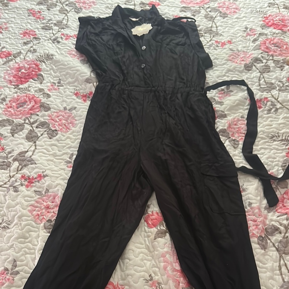 Indulge Black Jumpsuit with Collared Neckline and Belted Waist